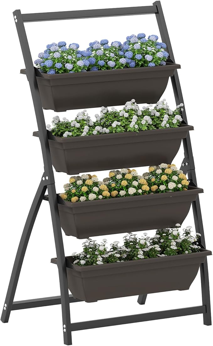 HAPPYGRILL 4-Tier Vertical Raised Garden Bed Elevated Planting Bed w/ 4 Stackable Flowerpots &amp Drainage Holes Indoor Outdoor Freestanding Planter Box w/Legs for Patio Yard (126 x 20.5'' x 49''