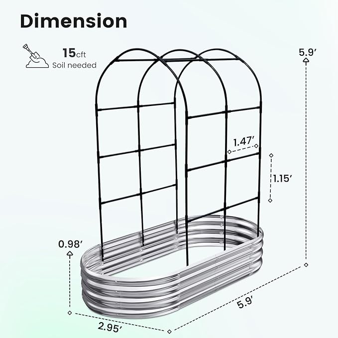 KING BIRD Raised Garden Bed with Arched Trellis Galvanized Planter Garden Box Outdoor for Gardening Climbing Vegetables Flowers 5.9x2.95x0.98 Ft Silver