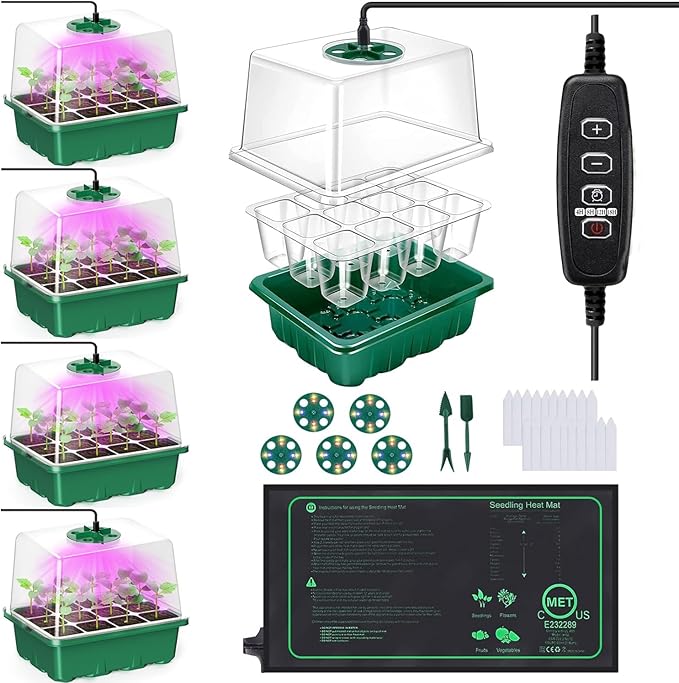 FINEST+ Seed Starter Tray with Heat Mat and Grow Light5 Pack Seedling Starter Trays with Time ControllerSeedling Starter Tray with Adjustable BrightnessSeed Starting Kit with Adjustable Humidity