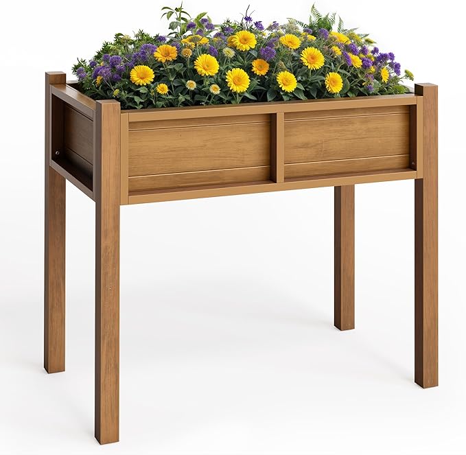 YITAHOME Elevated Garden Bed HDPE Raised Garden Bed with Legs &amp Drainage Hole Poly-Wood Weatherproof Elevated Planter Box Patio Planters for Vegetables Flowers Plant Bed for Garden Teak