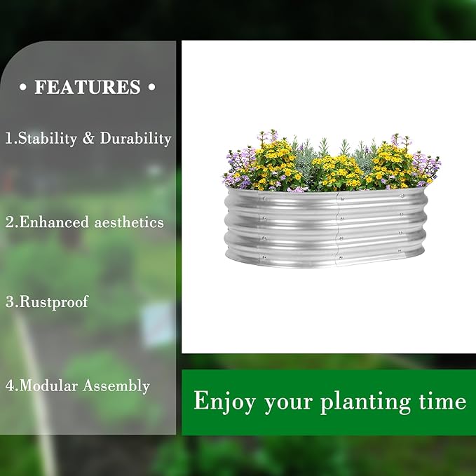 2 Pack 3 x 2 x 1 Ft Galvanized Raised Garden Bed Kit Outdoor Oval Planter Box for Vegetables Flowers Herbs Deep Rooted Silver