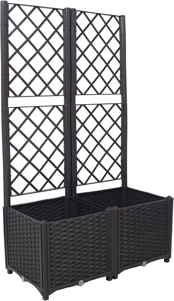 Rattan Trellis Raised Bed Plastic Planter Boxes with Drainage Plug 2 Removable Pots with Large Flower Boxes Built-in Support for Climbing Plants Outdoor Patio Garden Decoration (Brown Style 3)