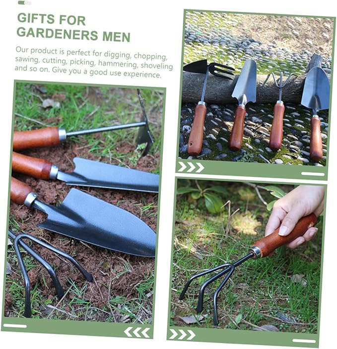 DOITOOL Garden Tool Set 4pcs Small Shovels for Digging Hand Trowel with Extended Narrow Spade Three-Prong Rake Dual-use Hoe and Rake Metal Gardening Supplies for Flower Planting