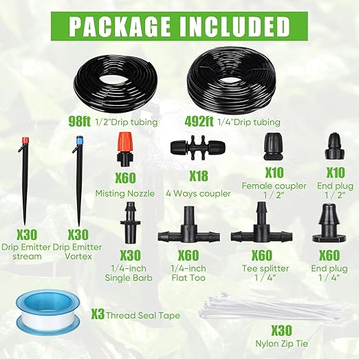 Frienda 590 ft Drip Irrigation System Kit Misting Plant Watering System with 1/4 inch 0.12 inch Irrigation Tubing Hose Adjustable Nozzle Emitters Barbed Fittings for Garden Yard Lawn