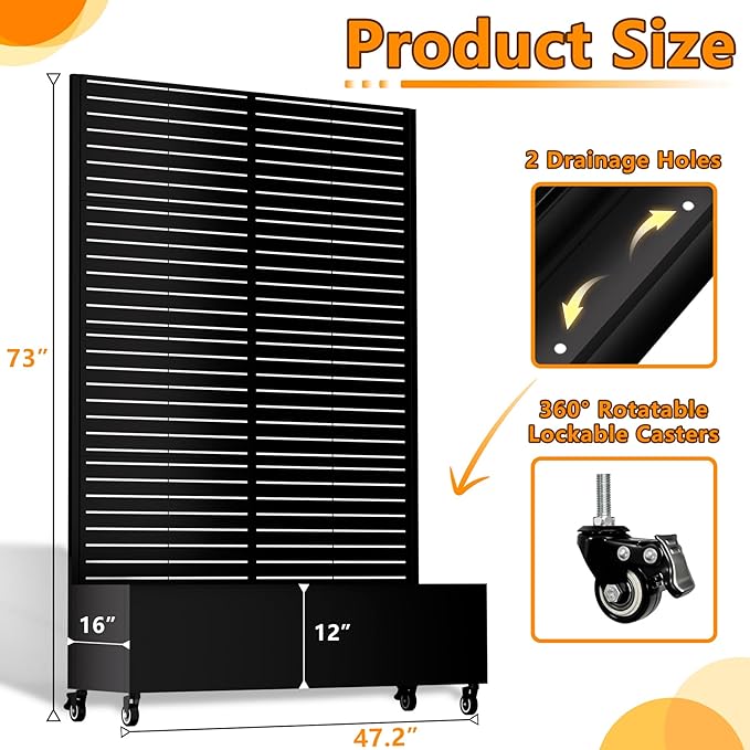Metal Planter Box with Trellis 72.1x47.2x16 Outdoor Galvanized Raised Garden Bed with Privacy Screen &amp Drainage Holes &amp Lockable Casters for Climbing Plants Vegetable (Louvered-Black1)