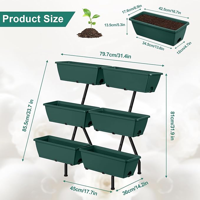 2 Column Vertical Raised Garden Beds 6 Planter Boxes Standing Garden Bed Outdoor/Indoor Herb Garden Tiered Planter with Drainage Holes &amp Removable Trays for Flowers/Vegetables/Plants (Green)