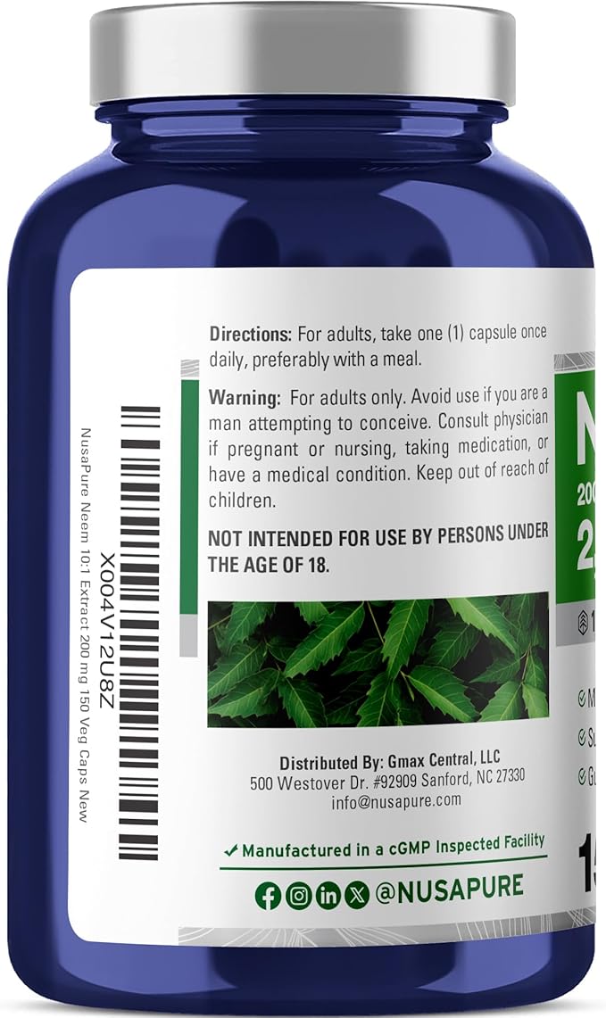 NusaPure Neem Leaf Root 10:1 Extract 200 mg Equivalent to 2000 mg 150 Veggie Capsules|Herbal Supplement|Non-GMO Vegan