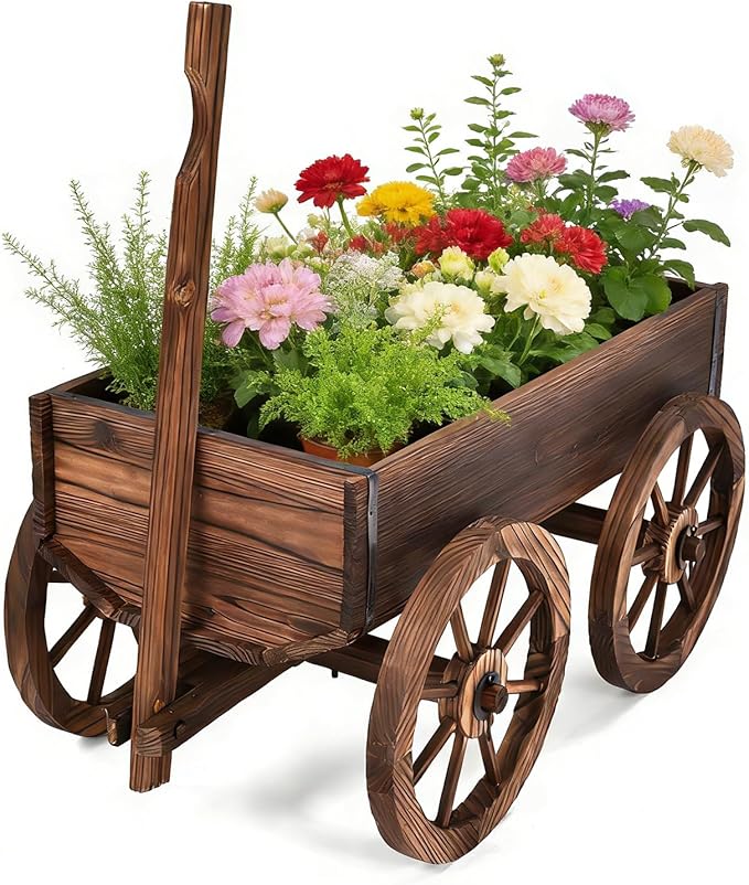 COSTWAY Wood Wagon Flower Planter Pot Stand with Wheels for Home Garden Indoor Outdoor Decor