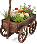 COSTWAY Wood Wagon Flower Planter Pot Stand with Wheels for Home Garden Indoor Outdoor Decor