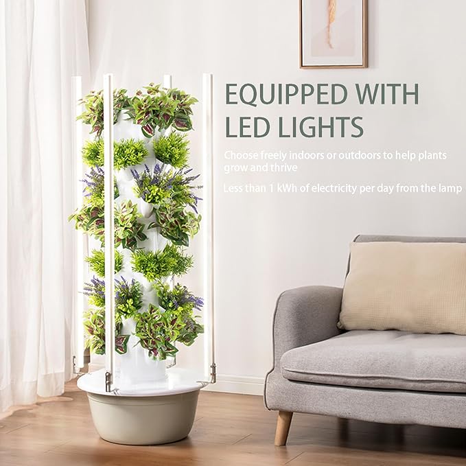 Home Hydroponic Grow Tower Kit w/Foldable LED: Smart Indoor Garden System w/Auto Water Cycle Perfect for Growing Strawberries Vegetables Leafy Plants &amp Herbs (7 Layer)