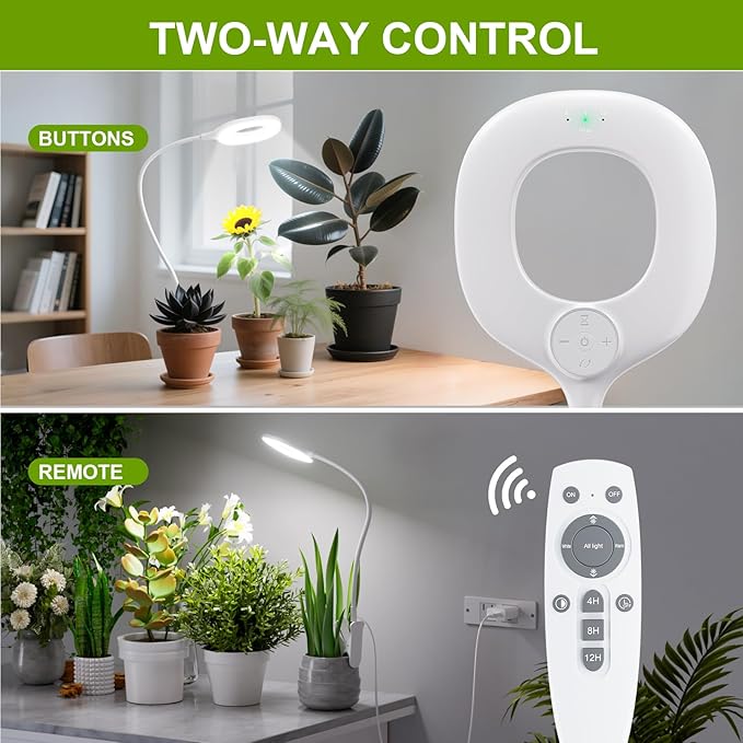Full Spectrum Grow Lights for Indoor Plants Clip On Plant Lights for Indoor Growing with 4/8/12H Timer 3 Light Modes 10 Dimmable Levels Adjustable Gooseneck Remote Control 2-Pack