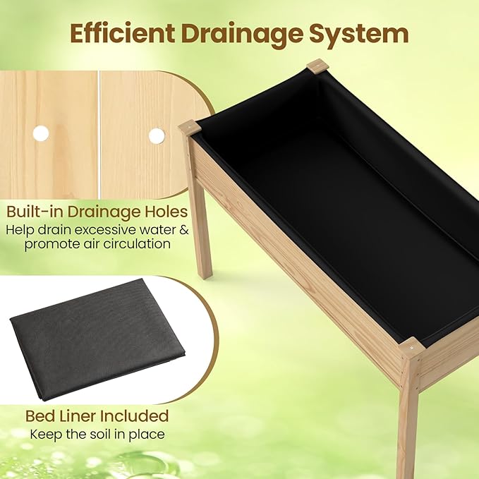 S AFSTAR 2 Pieces Wooden Raised Garden Bed with Legs Planter Box with Liner &amp Drainage Holes for Vegetable Flower Herb Indoor Outdoor Elevated Gardening Box for Backyard Patio Balcony