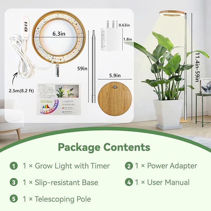 Wood Grain Grow Lights with Base for Indoor Plants Plant Growing Lamp Full Spectrum Plant Lights for Indoor Growing Height Adjustable Small Grow Light