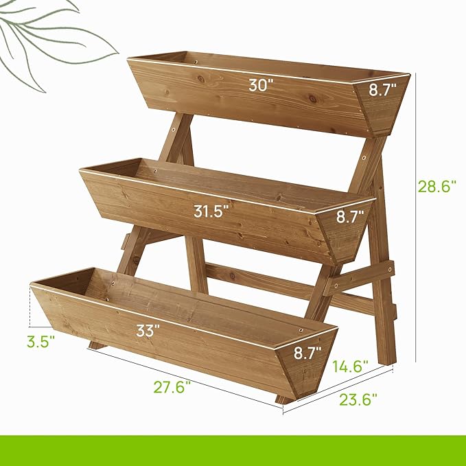 3-Tiers Wooden Raised Garden Bed Tiered Planter Box Flower Pots Vertical Garden Planter Wood Plant Stand for Vegetables Flowers Herbs for Patio Balcony Freestanding (Brown L)