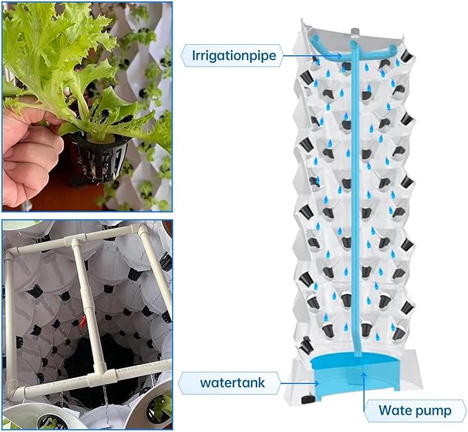 Hydroponic Vertical Garden Tower Aeroponic Tower Garden System Hydroponic Tower Soilless Cultivation Farm Vegetable Equipment for Fruits and Vegetables Planting(Yellow140cm/55in)