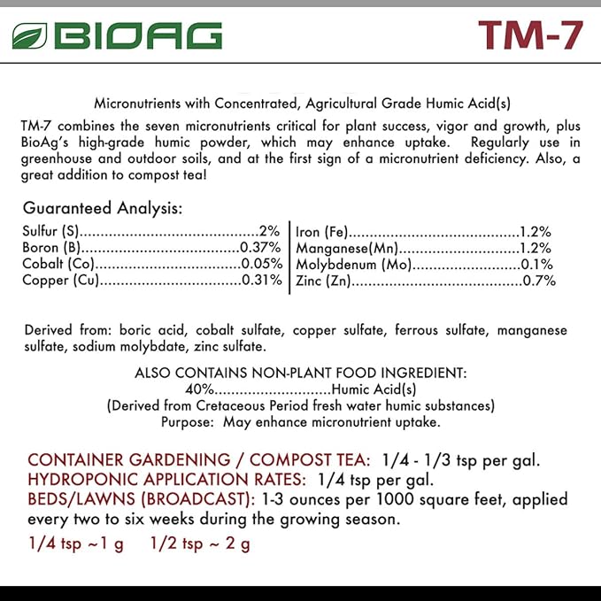 BioAg TM7 Organic Humic Acid Soil Conditioner Plus Essential Micronutrients Dry Amendment for All Plants Lawns S B Co Cu Fe Mn Mo Zn (1 kg) (BA74022)
