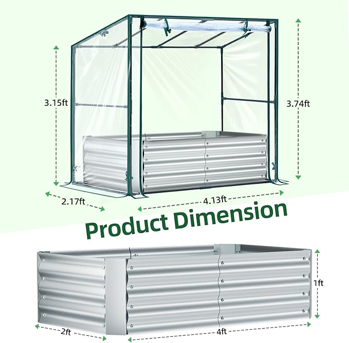 Ohuhu Raised Garden Bed with Cover Outdoor 4x2x1 FT Galvanized Metal Planter Box with PVC Greenhouse Cover Protects Plants from Frost Birds Insects 3-in-1 Gardening Set for Vegetable Flower Herb