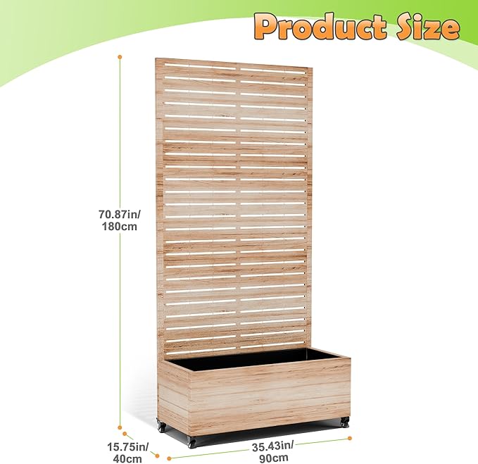 Metal Raised Garden Bed with Trellis 2-in-1 Planter Box &amp Privacy Screen for Climbing Plants Outdoor Standing Flower Bed with Drainage Holes 35.4 L x 15.7 W x 70.1 H Acacia Wood Grain