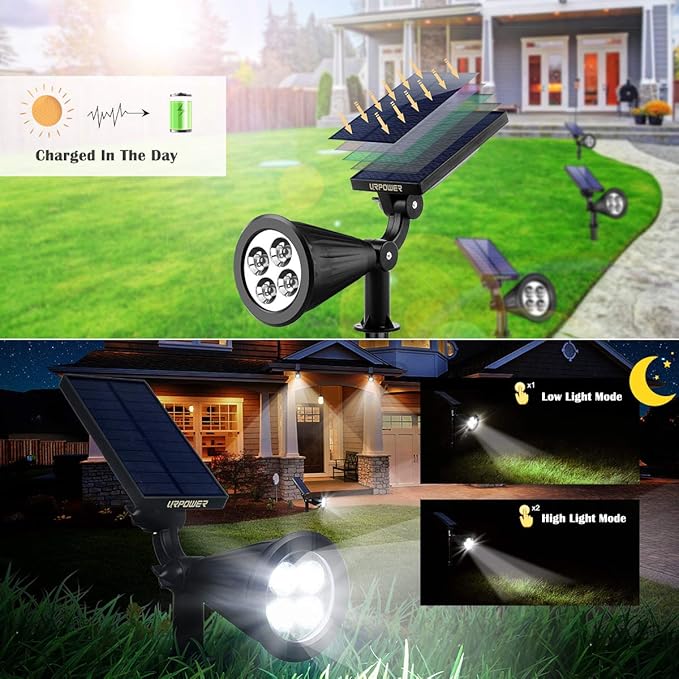 URPOWER Solar Lights Outdoor 2-in-1 Waterproof Adjustable Solar Spotlights Outdoor Wall Light Dusk-to-Dawn Solar Powered Landscape Lights for Backyard/Garden/Pathway/Pool/Porch (4Pack Cool White)