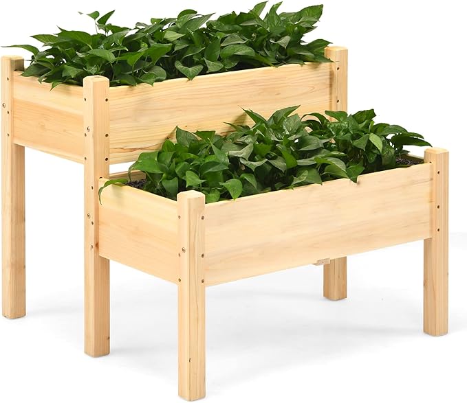 RELAX4LIFE 2-Tier Raised Garden Bed - Fir Wood Garden Elevated Planter Box with Legs 8 Drainage Holes220 Capacity for Growing Vegetable Elevated Garden Bed for Outdoor Yard Patio Balcony (Natural)