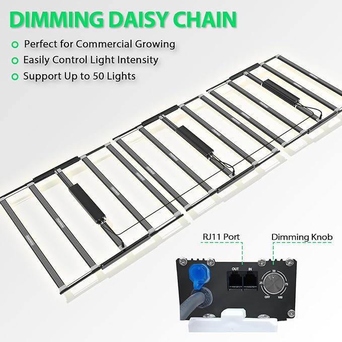 A ANLEOLIFE Stretchable LED Grow Lights with LM301H EVO Diodes 730W Full Spectrum Dimmable Daisy Chain 5x5ft Coverage Bar Style Commercial Growing Lamp for Greenhouses Plants