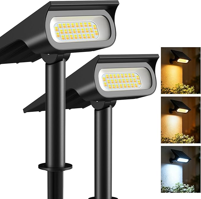 Solar Light Outdoor Waterproof IP65 56 LED 3 Color Modes Solar Spot Lights Outdoor Solar Powered Garden Lights for Outside Landscape Pathway Yard House Patio Garage Driveway Tree 2Pack