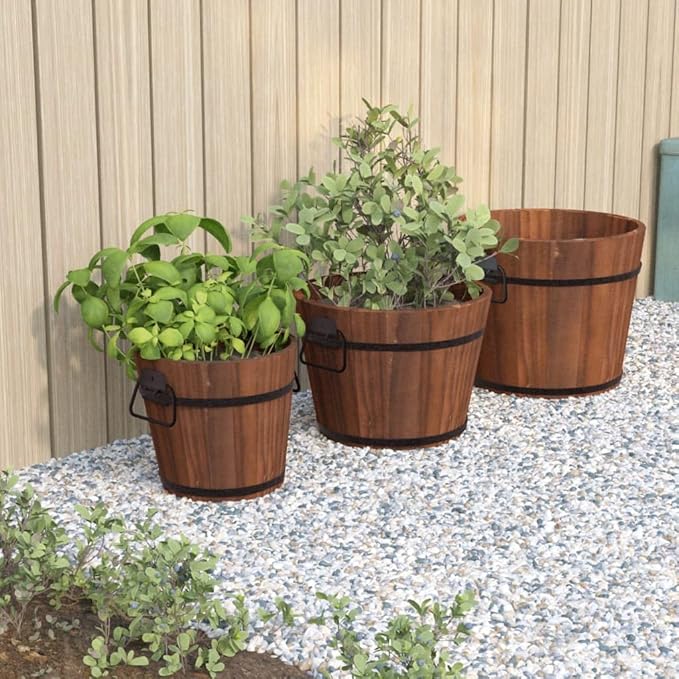 Burned Wood Bucket Planter Set Solid Fir Wood 3-Pack Cylindrical Rustic Decorative Inlays 17.7-inch Outdoor Indoor Garden Clearance Deals Raised Garden Bed