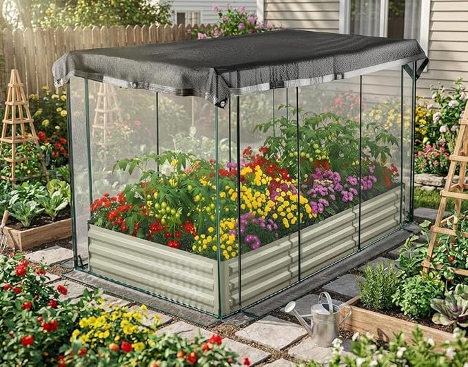 GarveeHome Galvanized Raised Garden Bed with Cover &amp Shade Cloth Kit 8x4ft Open Base Metal Planter Box for Vegetables Herbs Flowers - Outdoor Gardening Protection from Birds Animals