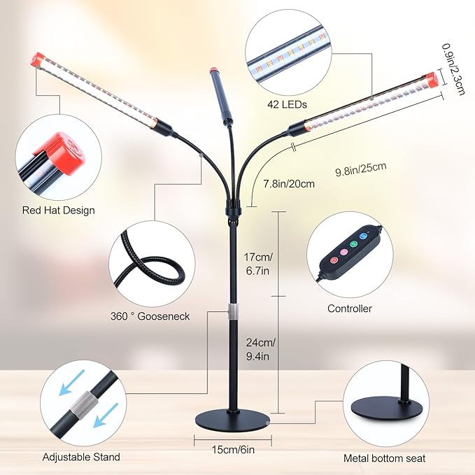 3Head Tabletop Grow Lights for Indoor Plants Seed Starting Vegetables Bonsai Bright Desk Plant Growing Lamps 4/8/12/16/20H Timer 27 Watt Power Draw NO Need Adapter 360° Gooseneck