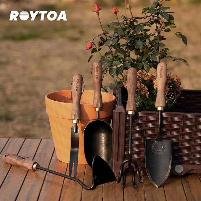Garden Tool Set 5PCS Gardening Tools Stainless Steel Heavy Duty Hand Cultivator Hoes Shovel Trowel and Weeder with Ergonomic Walnut Handle Gardening Gifts for Women