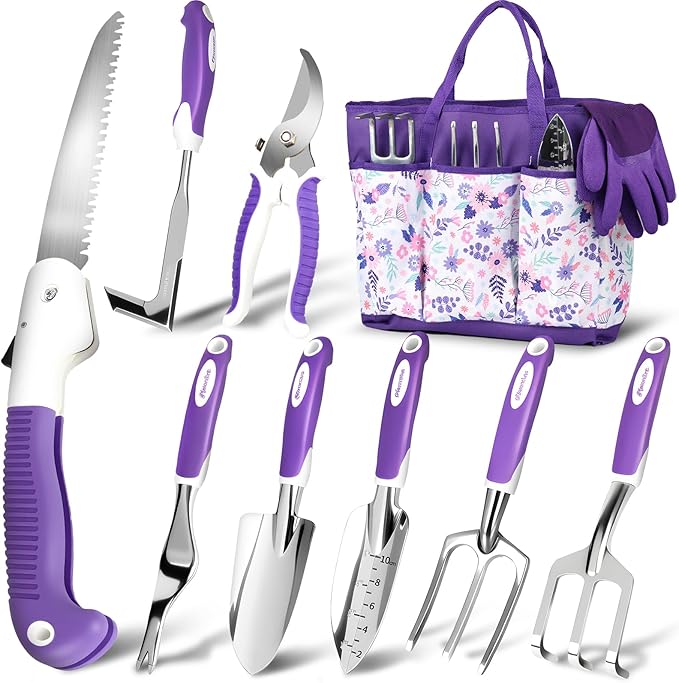 MelonArt Garden Tool Set 10 Pcs Heavy Duty Gardening Tool Kit Women Garden Gift Set Aluminum with Non Slip Ergonomic Handle Storage Tote Bag and Gloves Garden Supplier for Women&ampMen(Purple)