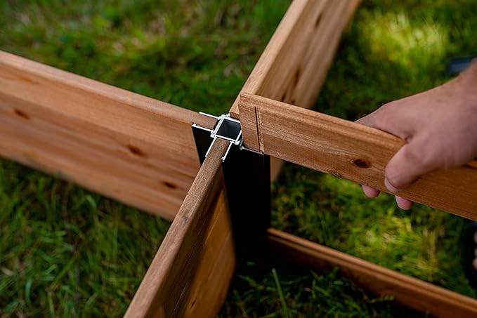 Vita Mezza 4 Foot x 4 Foot x 11 inch Cedar Wood Modular Garden Bed with Black Aluminum Posts FSC Woodgrain Golden Brown Pre-Stained VT17703