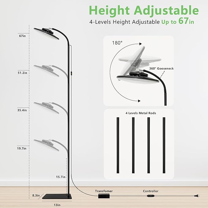100W Grow Light for Indoor Plants Full Spectrum LED Tall Plant Lights with Timer Standing Floor Growing Lamp 67 Height Adjustable for Large Many Plants