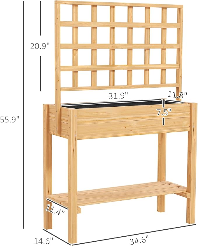 Outsunny Wooden Raised Garden Bed with Trellis Elevated Planter Box with Storage Shelf Outdoor Flower Box for Vegetables Flowers Herbs
