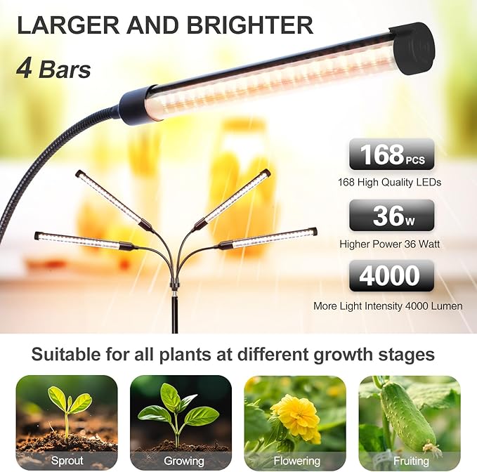 FECiDA 2026 4Head Grow Lights with Upgraded Stand Standing Grow Lights for Indoor Tall Plants Bonsai Tree 4/8/12/16/20 Hr Timer 36 Watt Power Draw NO Need Adapter 24-72 Height Adjustable
