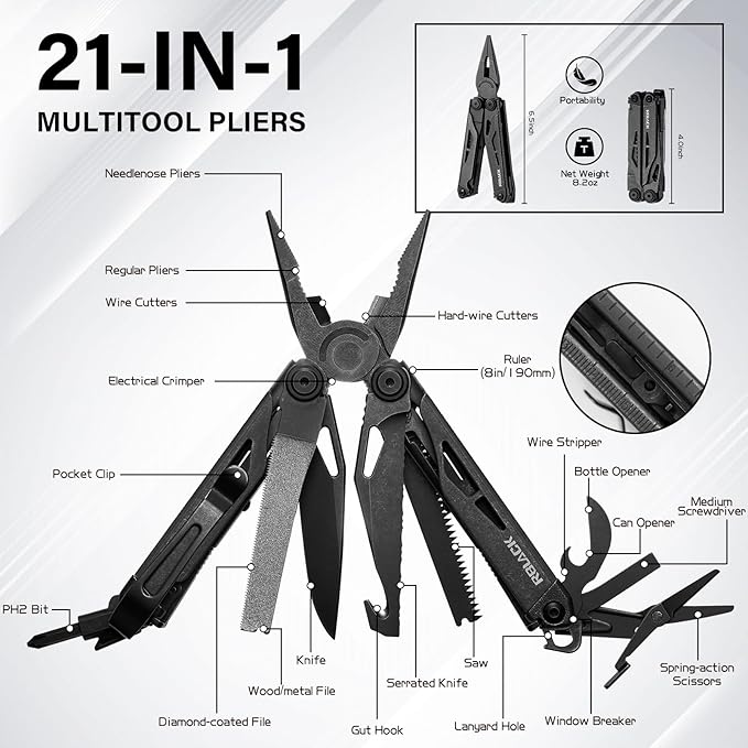 21-in-1 Heavy-Duty Multitool Pliers with Safety Locking Spring-Action Scissors &amp Nylon Sheath – Premium Stainless Steel EDC Kit for Work Home Auto DIY and Outdoor Tasks Black