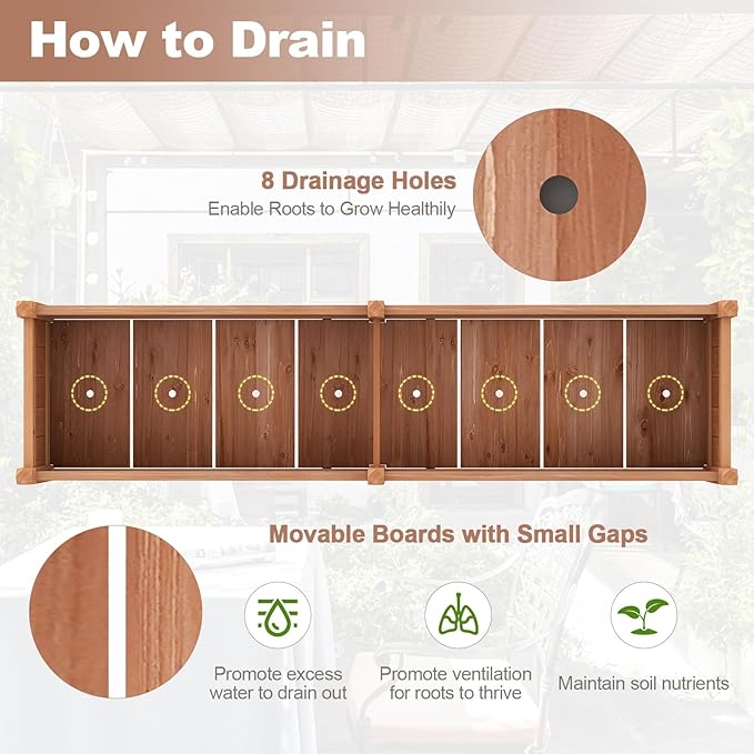 Giantex Wood Raised Garden Bed Planting Bed with Corner Drainage Non-Woven Liner for Growing Vegetables Flowers Herbs Fruits 89”x23.5”x16” Divisible Planter Box for Backyard Garden Lawn