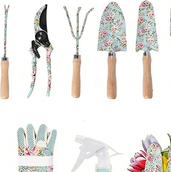 Women's Garden Tools Floral Pattern Hand Tools Rake Trowel Gloves Set Sturdy Small Gardening Kit for Flower Beds Planting Digging Outdoor Yard Home Trimming Ergonomic Comfortable Design
