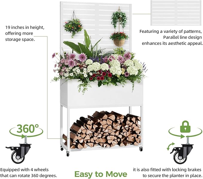 Raised Garden Bed with Trellis Metal Raised Planter Box with Trellis Privacy Planters for Patio Raised Garden Beds Outdoor Standing with Drainage Holes Wheels White