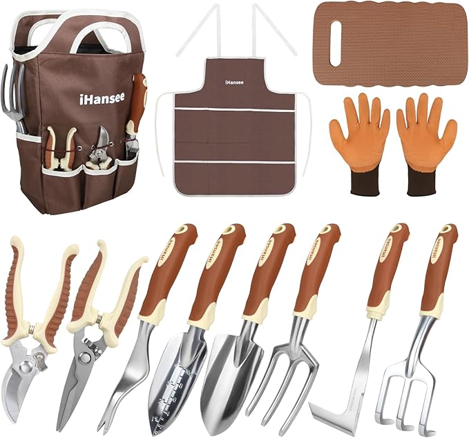 Brown Gardening Tools Set 12-Piece Garden Hand Tool Kit with Non-Slip Ergonomic Handle Storage Tote Bag Garden Apron Gloves and Kneeling Pad Gardening Gifts for Women Men Plant Lover