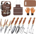 Brown Gardening Tools Set 12-Piece Garden Hand Tool Kit with Non-Slip Ergonomic Handle Storage Tote Bag Garden Apron Gloves and Kneeling Pad Gardening Gifts for Women Men Plant Lover