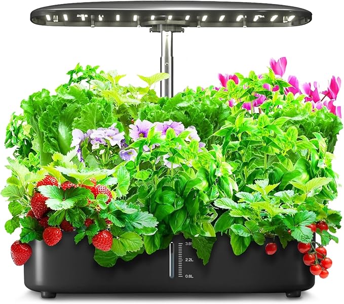 Hydroponic Growing System with Touchscreen LCD Display 12-Section Indoor Herb Gardening Kit with Full Spectrum Plant Grow Lights Flexible Timer Pump and Adjustable Shade (Black)