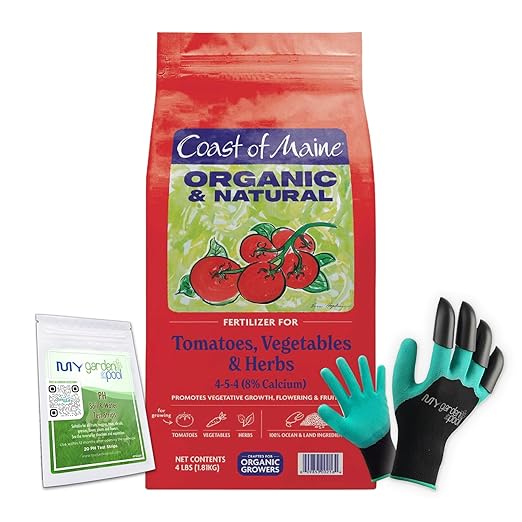 Coast of Maine TV6001 Tomato &amp Vegetable Plant Food 4 LB – Organic Fertilizer for Strong Roots &amp Rich Harvests with My Garden Pool Soil Test Strips &amp Claw Gardening Gloves