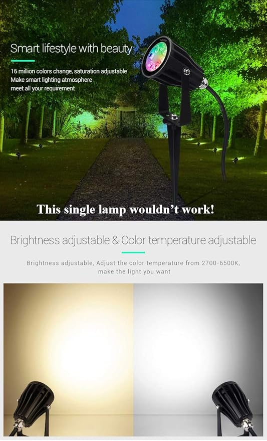 LGIDTECH FUTC04 Miboxer 6W RGB+CCT Outdoor LED Landscape Garden Spotlight AC100-240V 16 Million Colors ChangingColor Temperature AdjustableMemory Function.Smartphone Can't Control Directly