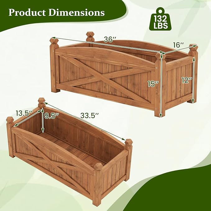 HAPPYGRILL Wooden Raised Garden Bed 2 Solid Wood Gardening Plant Container w/Drainage Holes for Flower Vegetable Fruit Outdoor Elevated Planter Box for Patio Garden Yard Balcony (36”x 16”x 15”)