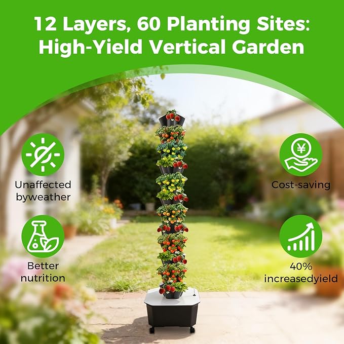 Hydroponic Grow Tower 12 Tiers 60 Holes 6.6Gal Indoor Vertical Garden System with Water Pump Automatic Water Circulation - Garden Hydroponic Growing Kit for Leafy Vegetables Herbs Strawberries