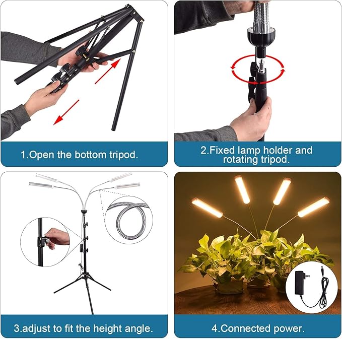 LED Grow Lights for Indoor Plants 420 LEDs Full Spectrum Plant Lights for Indoor Growing with 15-63 inches Adjustable Tripod Stand 4 Heads Floor Grow Lamp with 3/6/12H Auto On/Off Timer Function