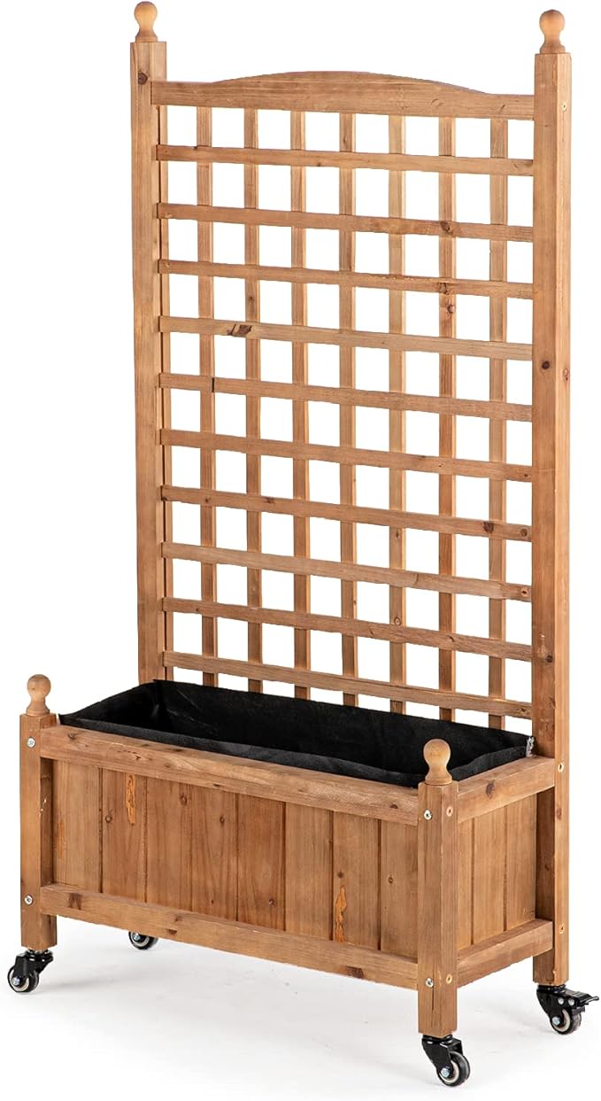 IDZO 50 Inches Height Raised Garden Bed with Trellis Durable Oil Coated Planter with Trellis Vertical Gardens Outdoors with Lockable Wheels and Convenient Non Woven Lining