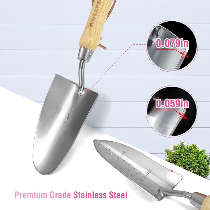 WORKPRO 8-Piece Pink Garden Tool Set Stainless Steel Gardening Tools with Wood Handle Including Garden Tote Gloves Trowel Hand Weeder Cultivator and More Gardening Gifts For Women - Pink Ribbon