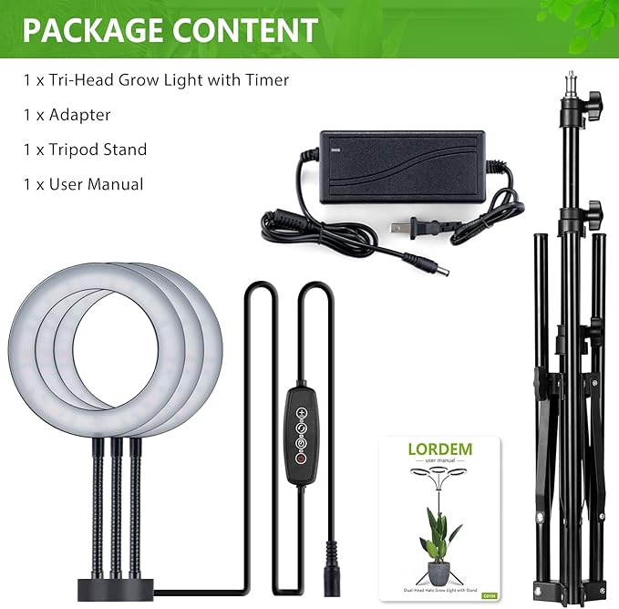 LORDEM Grow Light for Indoor Plants 7.9 Diameter Tri-Head Plant Light for Plants Growing Full Spectrum Growth Lamp with Auto Timer 3/6/12H 4 Dimmable Levels 3 Lighting Modes Adjustable Stand